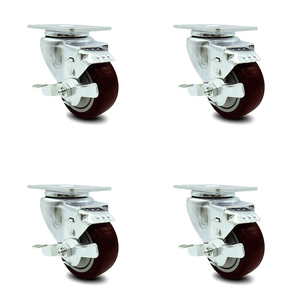 3 Inch Maroon Polyurethane Wheel Swivel Top Plate Caster Set with Brake SCC